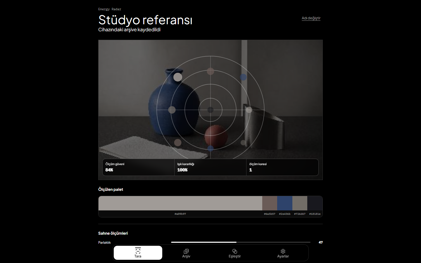 Energy Radar visual signature result with measured palette, light distribution and scene quality